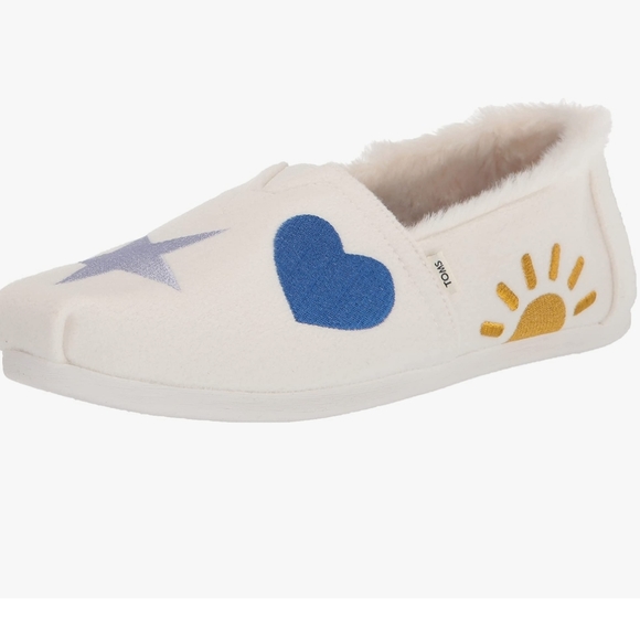 👣TOM'S 🌱ALPARGATA Paper Source Embroidered Hearts Moon Stars Sherpa Espadrille - Picture 5 of 12